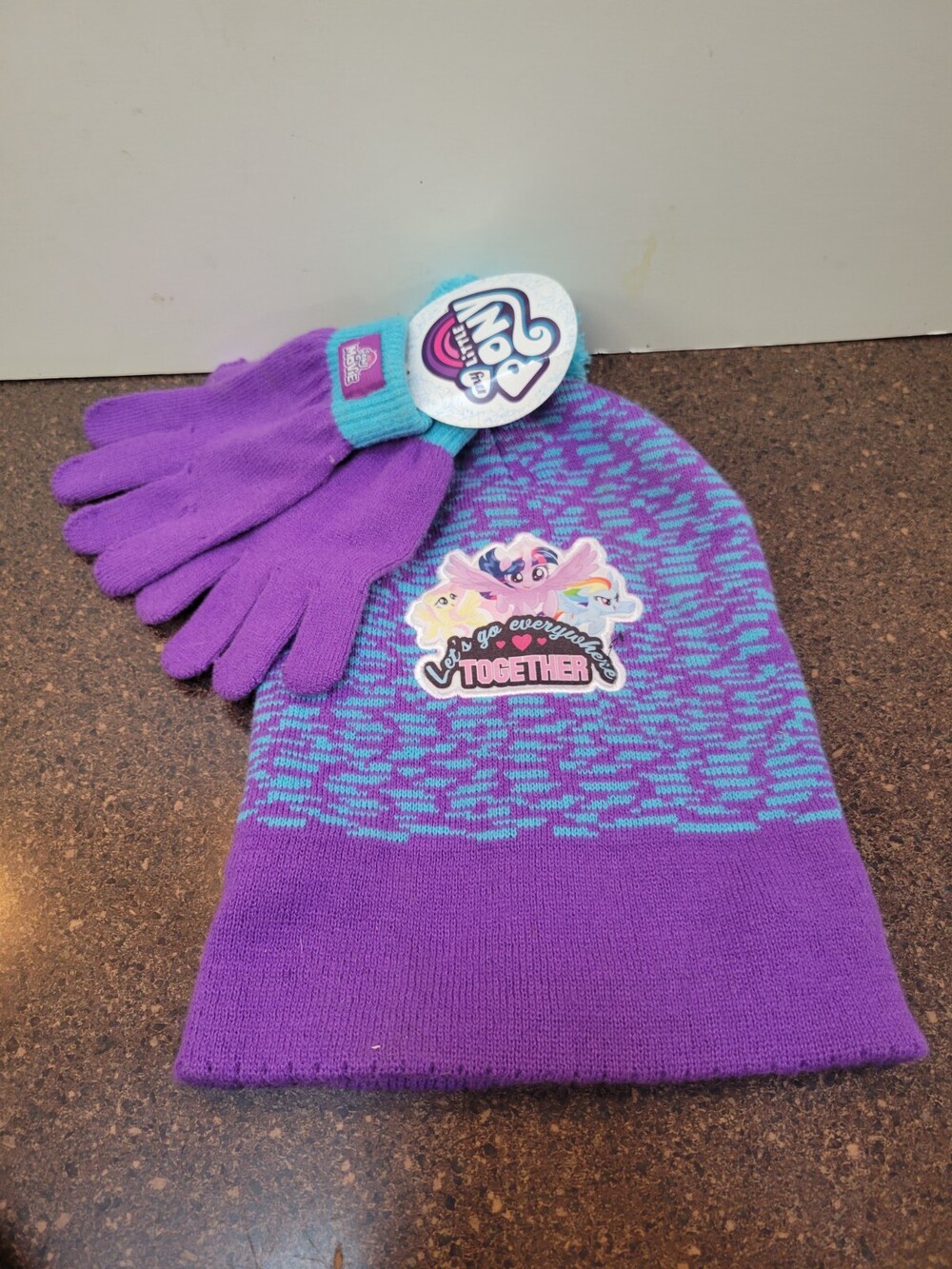 My Little Pony Winter Beanie Hat & Gloves Set Girls Purple Pom Pom Warm Cozy
